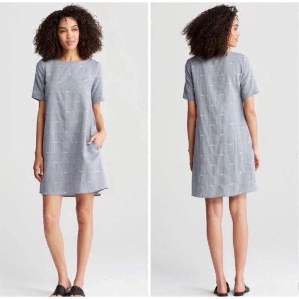 Eileen Fisher Shift T-shirt Dress M Organic Cotton Chambray Nomadic Stripe Gray